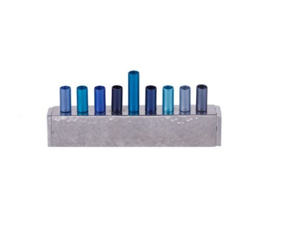 Yair Emanuel Cylindrical Candle Holders on Chanukah Menorah, Hammered - Blue