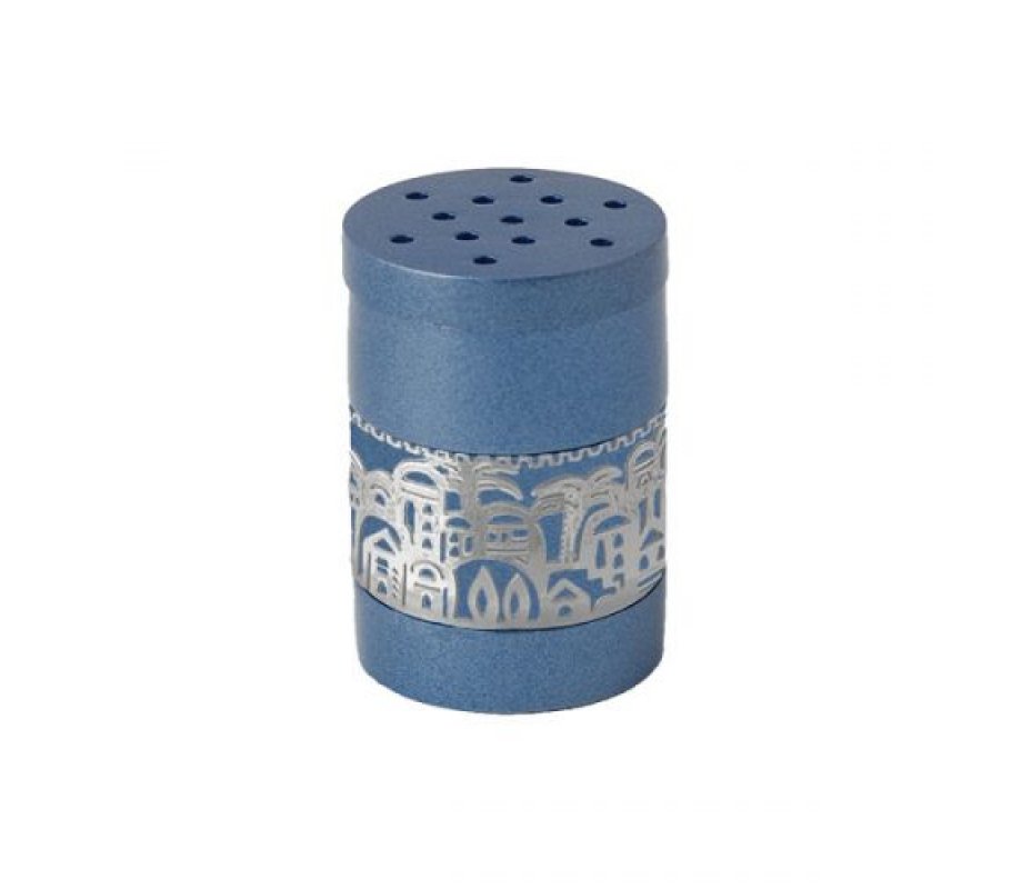 Yair Emanuel Dark Blue Havdalah Besamim Spice Box with Silver Jerusalem Cutout