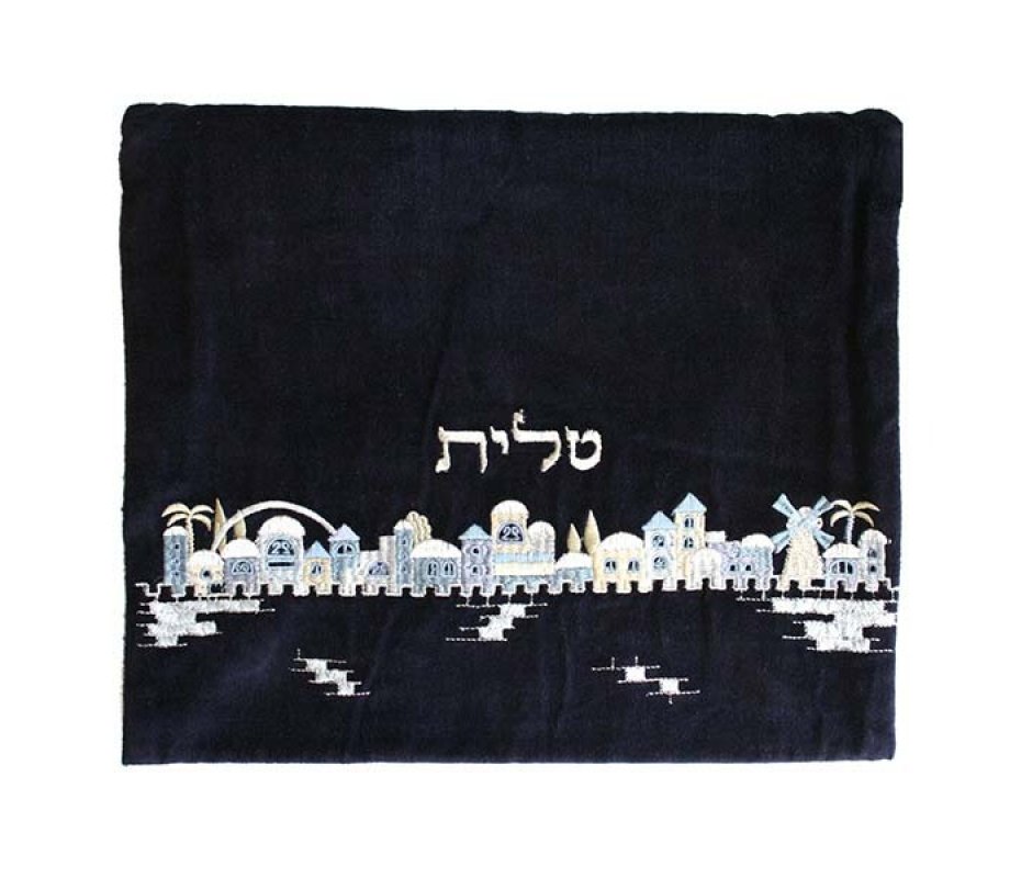 Yair Emanuel Dark Blue Velvet Tallit and Tefillin Bags - Jerusalem Design (Sold Separately)