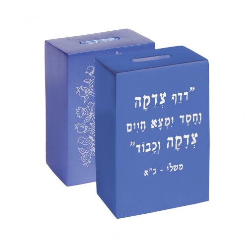 Yair Emanuel Decorative Charity Tzedakah Box with Biblical Verse - Blue