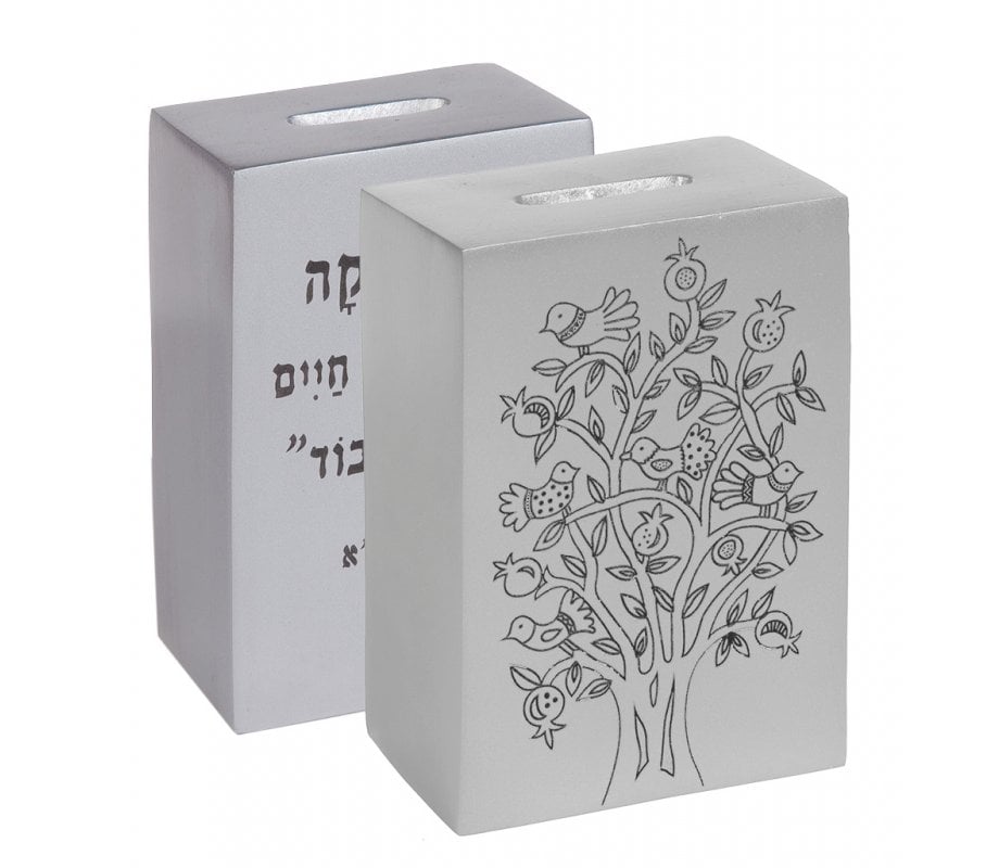 Yair Emanuel Decorative Charity Tzedakah Box with Biblical Verse - Silver