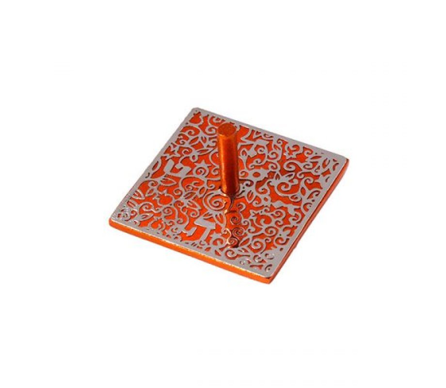 Yair Emanuel Dreidel, Floral and Pomegranate Cutout Design - Orange