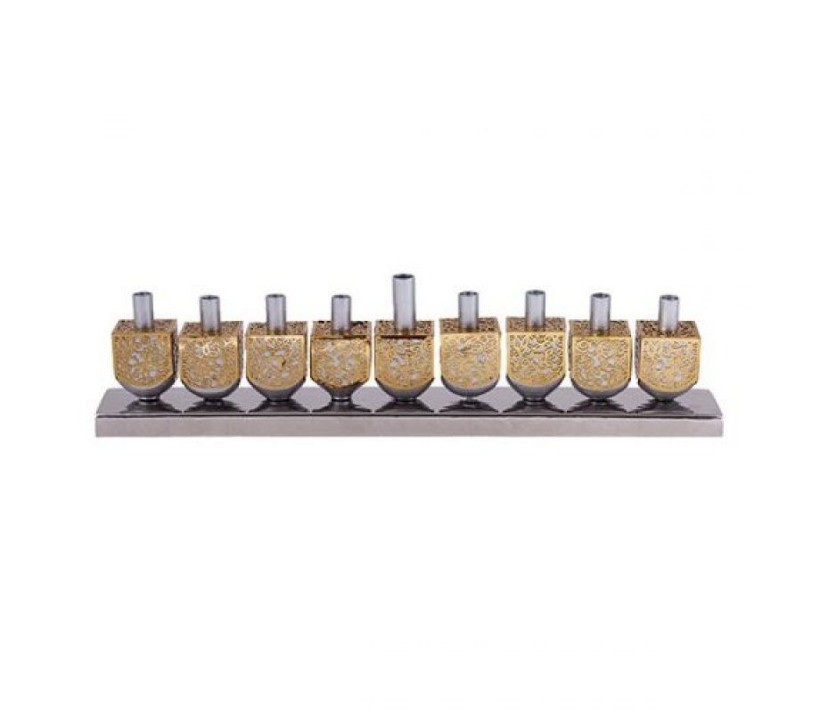 Yair Emanuel Dreidel Menorah with Cut Out Floral Design - Silver and Gold