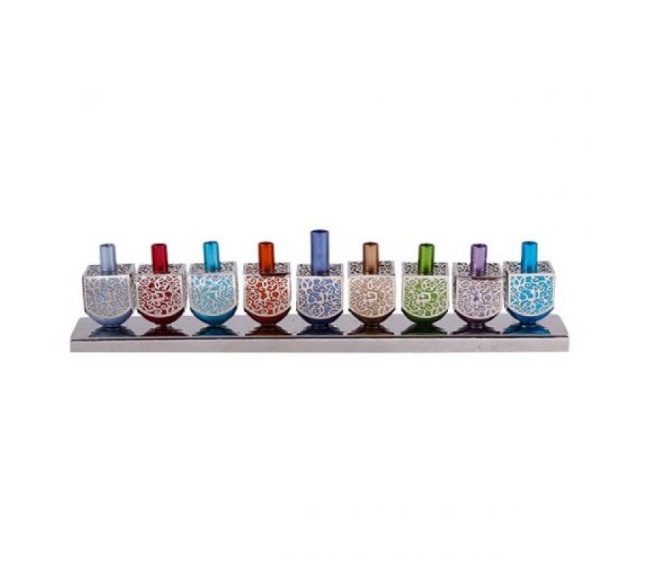 Yair Emanuel Dreidel Menorah with Decorative Cutout Floral Design - Multicolor