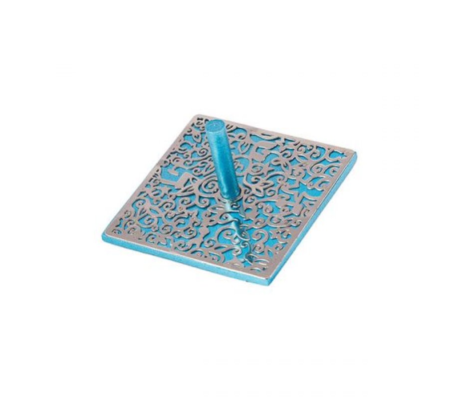 Yair Emanuel Dreidel, Silver Floral and Pomegranate Cutout Design - Turquoise