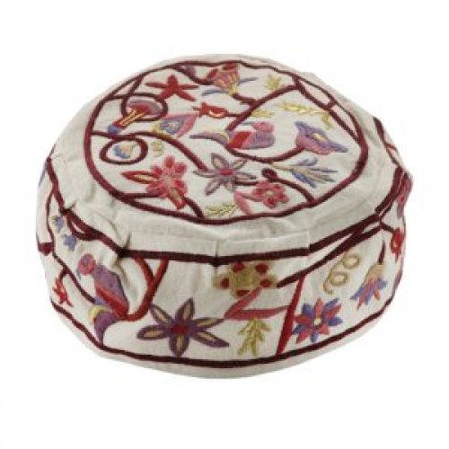 Yair Emanuel Embroidered Bucharian Hat-Kippah - Colored Flowers and Birds on Cream