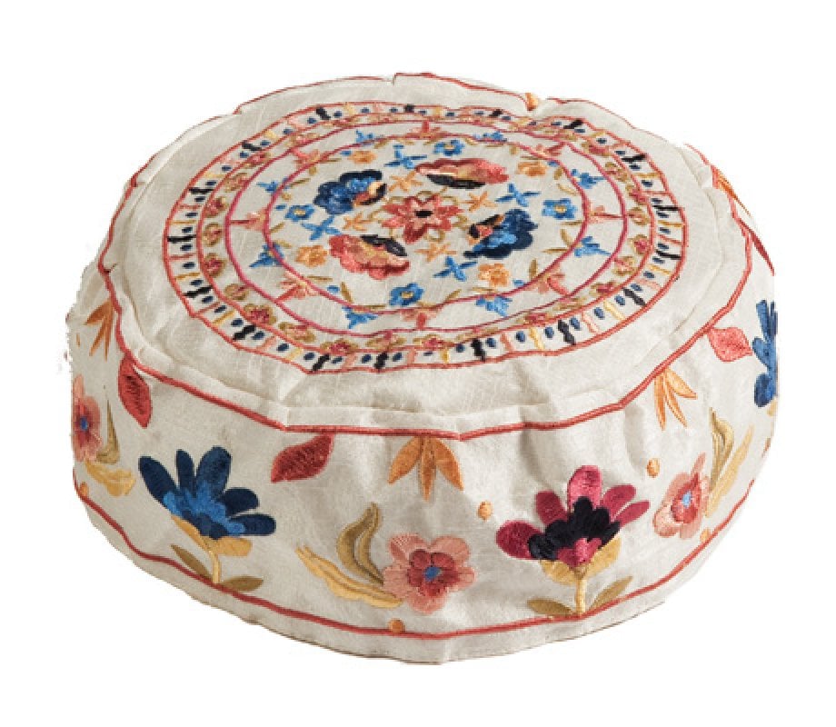 Yair Emanuel Embroidered Bucharian Hat-Kippah - Colorful Floral Design on Cream
