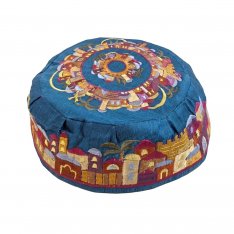Yair Emanuel Embroidered Bucharian Hat-Kippah - Colorful Jerusalem on Blue