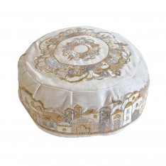Yair Emanuel Embroidered Bucharian Hat-Kippah - Gold and Silver Jerusalem on White