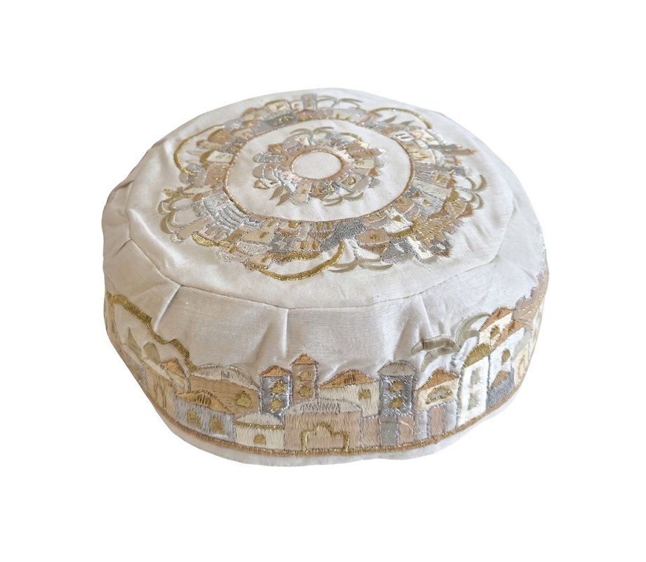 Yair Emanuel Embroidered Bucharian Hat-Kippah - Gold and Silver Jerusalem on White