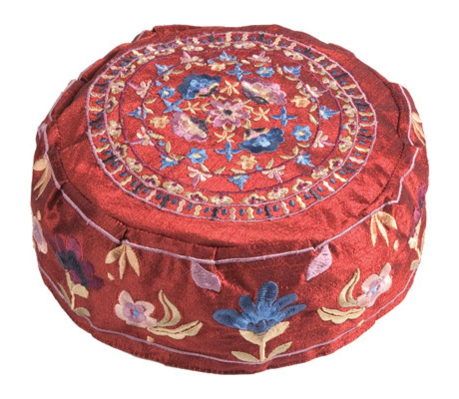 Yair Emanuel Embroidered Bucharian Hat-Kippah, Maroon - Colorful Flowers
