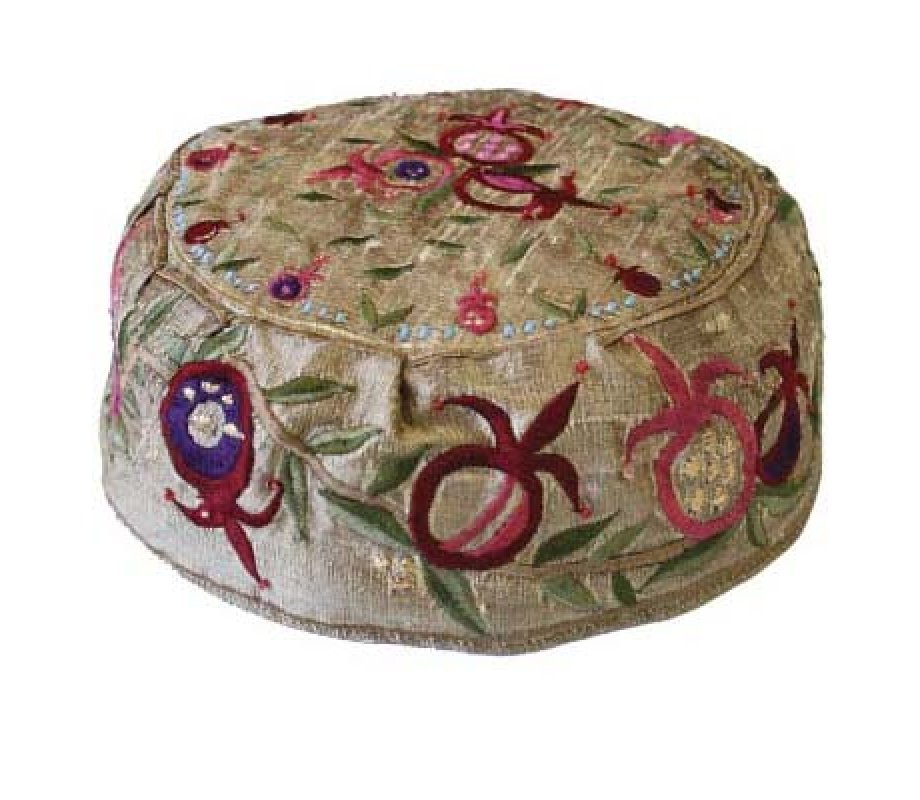 Yair Emanuel Embroidered Bucharian Hat-Kippah on Gold - Pomegranates