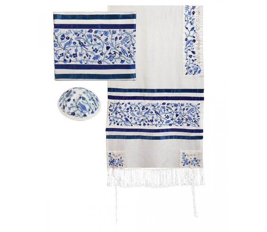 Yair Emanuel Embroidered Cotton Silk Tallit Set, Trees and Birds - Blue