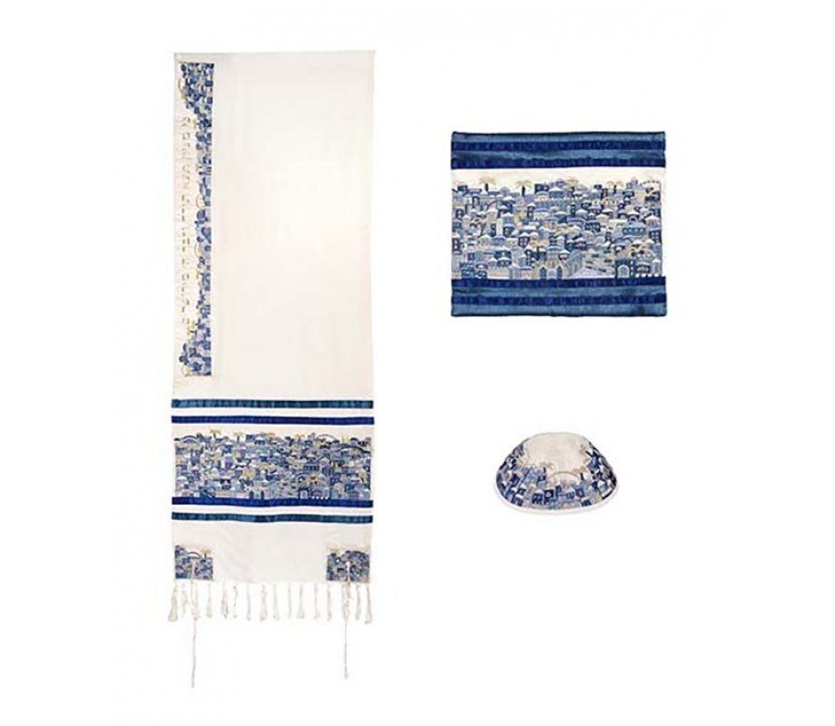 Yair Emanuel Embroidered Cotton Tallit Set - Jerusalem in Blue
