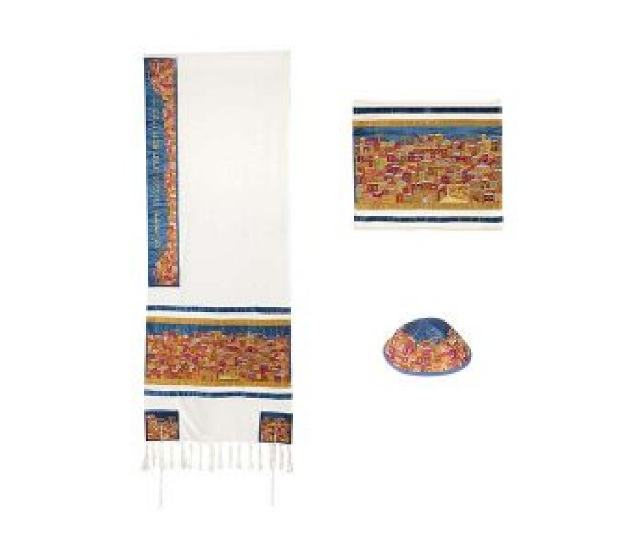 Yair Emanuel Embroidered Cotton Tallit Set - Jerusalem in Gold and Red