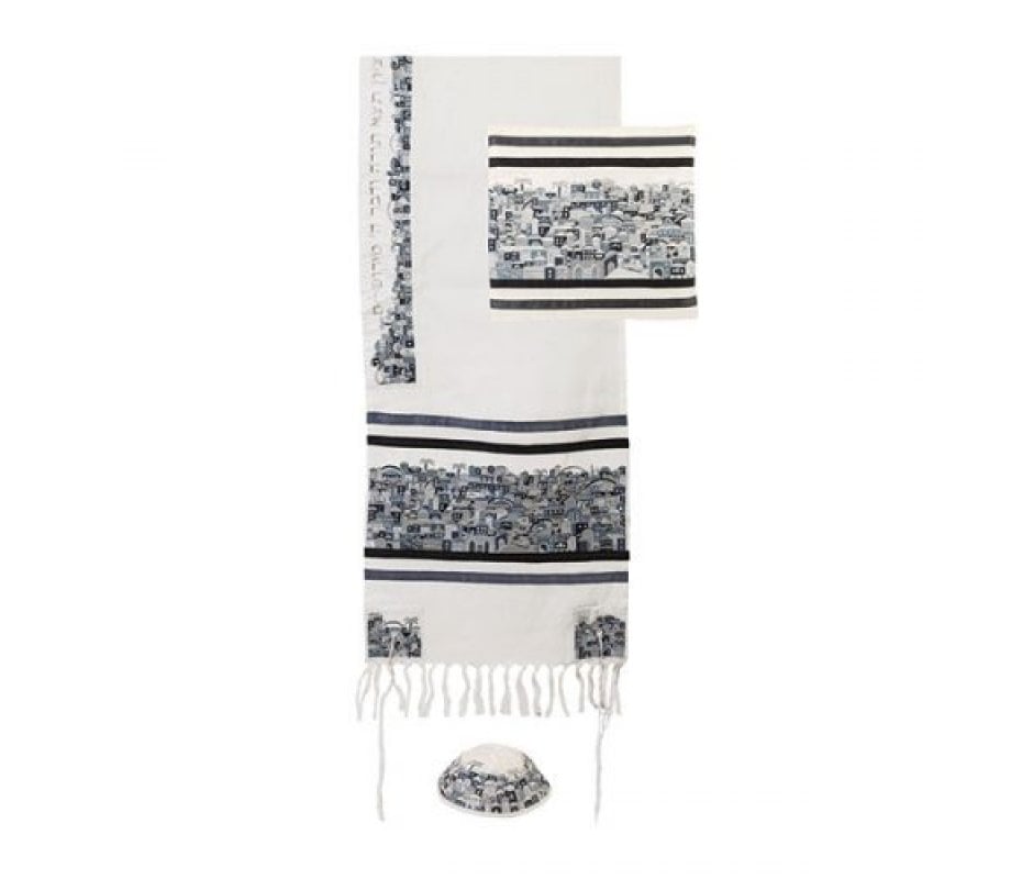 Yair Emanuel Embroidered Cotton Tallit Set - Jerusalem in Gray