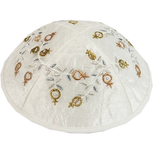 Yair Emanuel Embroidered Kippah - Gold and Silver Pomegranates