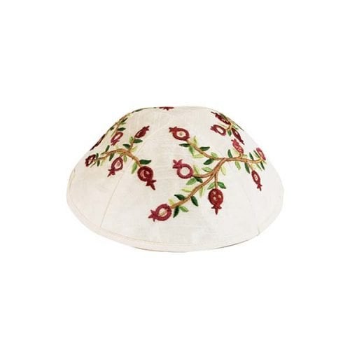 Yair Emanuel Embroidered Kippah, Dark Red Pomegranate on White