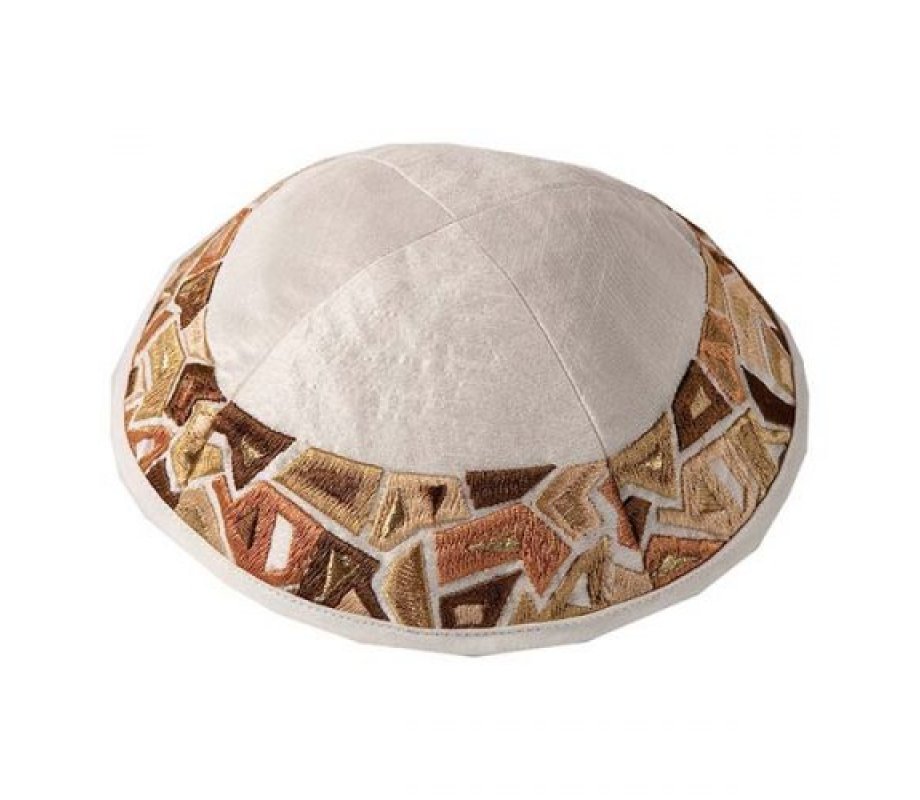 Yair Emanuel Embroidered Kippah, Gold Geometric Shapes on Cream