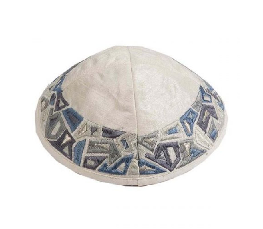 Yair Emanuel Embroidered Kippah, Gray Geometric Shapes on Cream