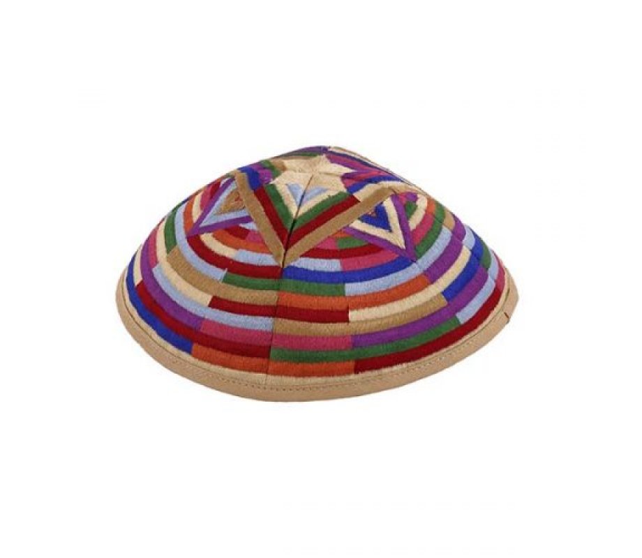 Yair Emanuel Embroidered Kippah, Large Star of David and Circular Bands - Multicolored
