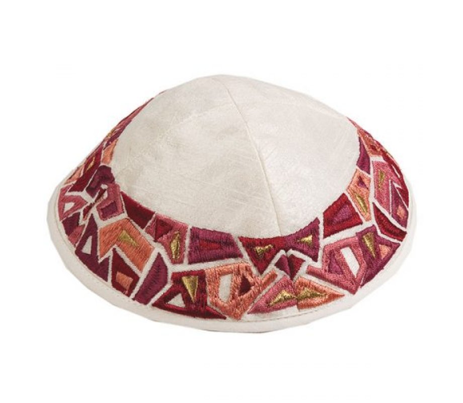 Yair Emanuel Embroidered Kippah, Maroon Geometric Shapes Design on Cream