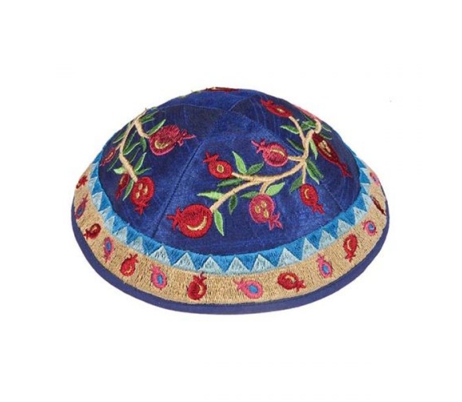 Yair Emanuel Embroidered Kippah, Pomegranate Design - Blue and Red