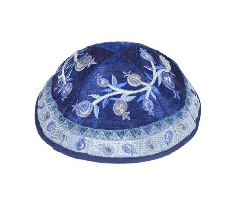 Yair Emanuel Embroidered Kippah, Pomegranate Design - Shades of Blue