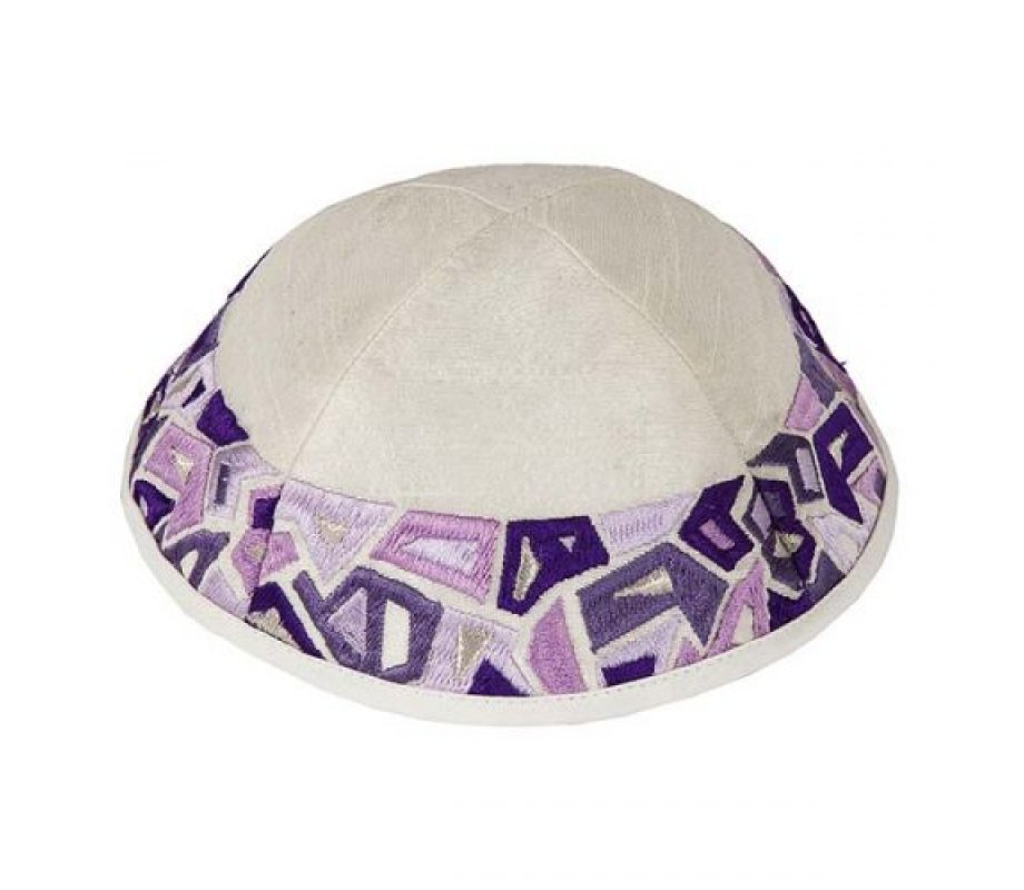 Yair Emanuel Embroidered Kippah, Purple Geometric Shapes on Cream