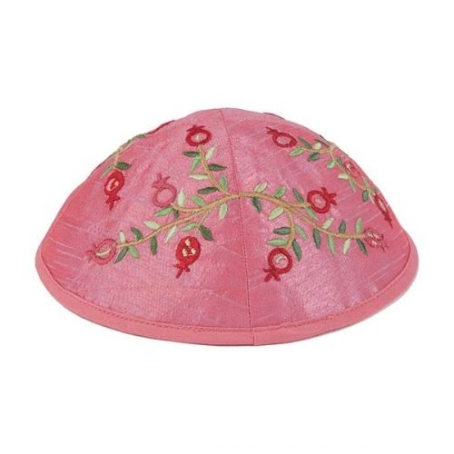 Yair Emanuel Embroidered Kippah, Red Pomegranates on Pink