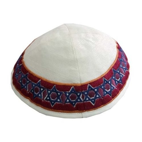 Yair Emanuel Embroidered Kippah, Stars of David - Blue and Maroon