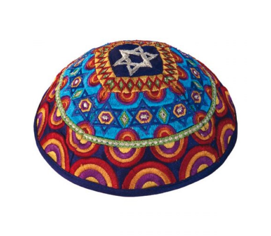 Yair Emanuel Embroidered Kippah, Stars of David - Blue and Red