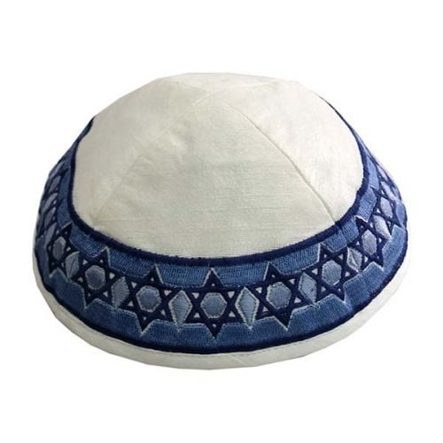 Yair Emanuel Embroidered Kippah, Stars of David - Shades of Blue