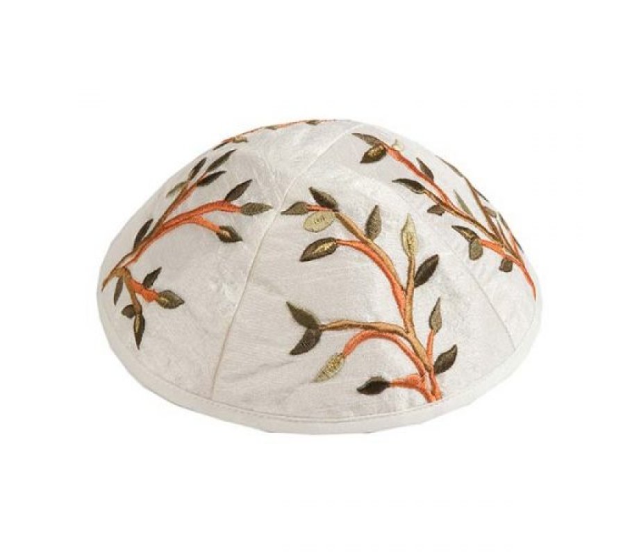 Yair Emanuel Embroidered Kippah, Tree of Life - Gold and Green Shades on White