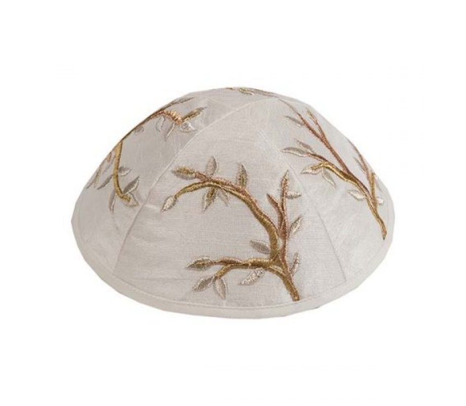 Yair Emanuel Embroidered Kippah, Tree of Life Design - Gold and Silver on Cream