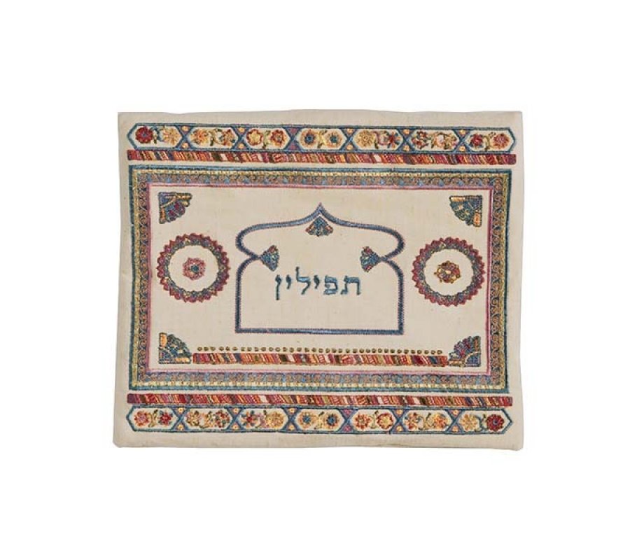Yair Emanuel Embroidered Linen Tallit & Tefillin Bag, Red - Oriental Motifs