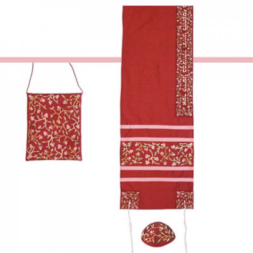 Yair Emanuel Embroidered Maroon Polysilk TalliSack Tallit Set - Flowers