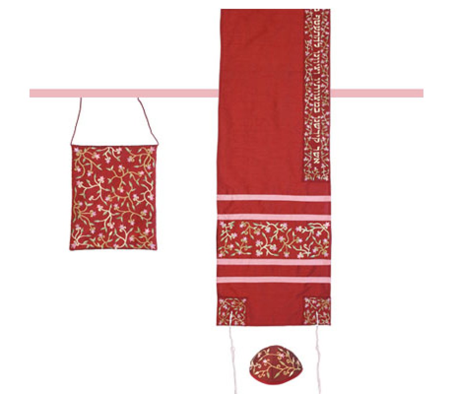 Yair Emanuel Embroidered Maroon Polysilk TalliSack Tallit Set - Flowers