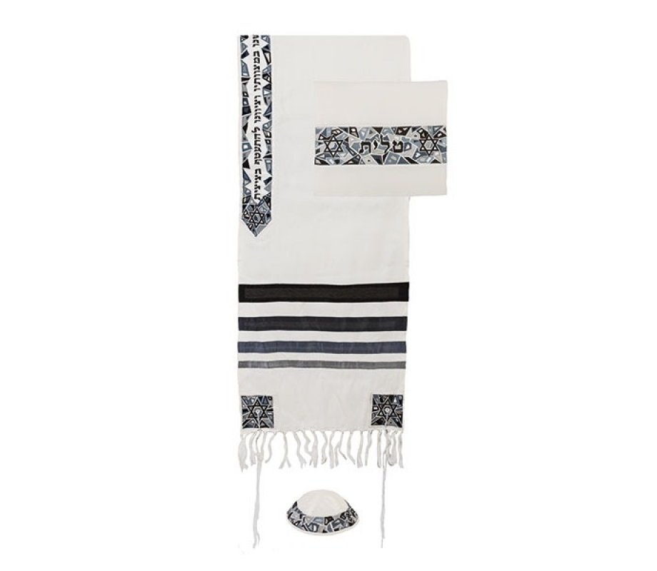 Yair Emanuel Embroidered Mosaic Stars of David Tallit Set - Black and Gray