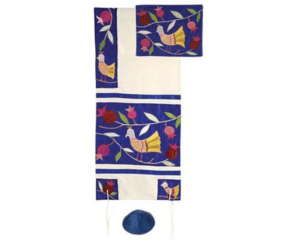 Yair Emanuel Embroidered Raw Silk Tallit Set, Pomegranates & Birds - Blue