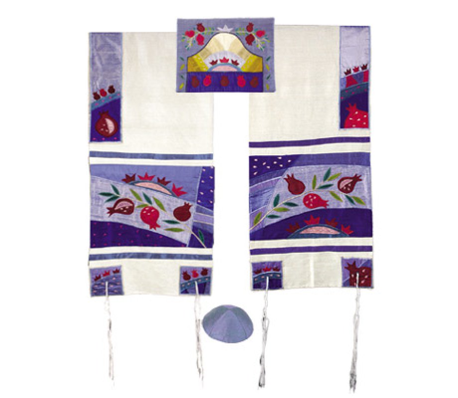 Yair Emanuel Embroidered Raw Silk Tallit Set, Pomegranates - Blue
