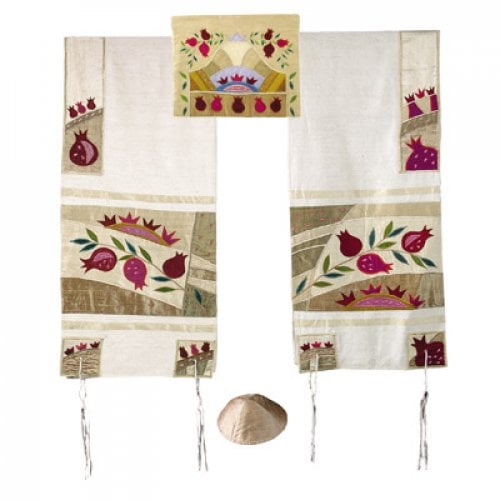 Yair Emanuel Embroidered Raw Silk Tallit Set, Pomegranates - Gold