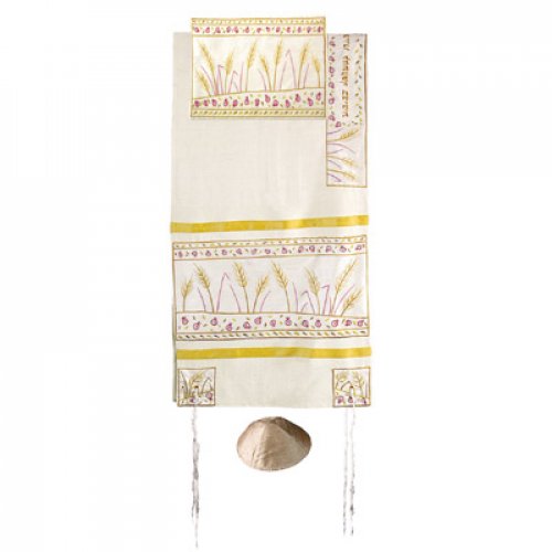 Yair Emanuel Embroidered Raw Silk Tallit Set, Wheat and Pomegranates - Cream