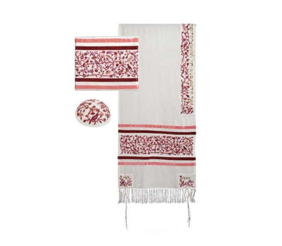 Yair Emanuel Embroidered Silk Cotton Tallit, Matriarchs Trees and Birds – Maroon