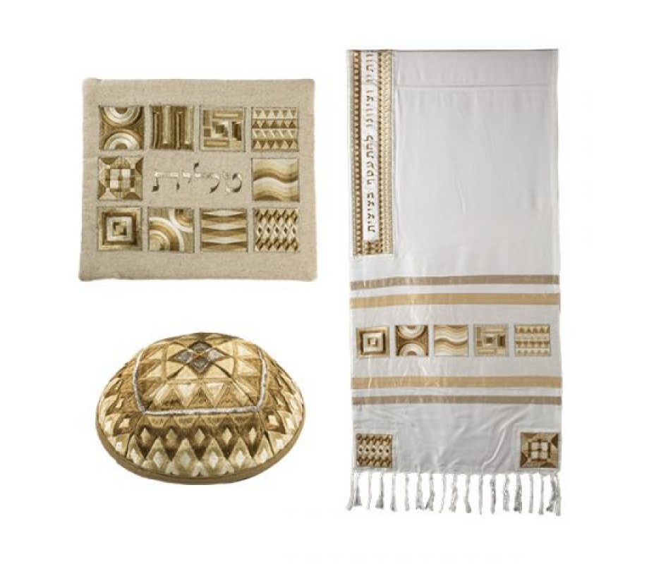 Yair Emanuel Embroidered Silk Cotton Tallit, Squares Design - Gold