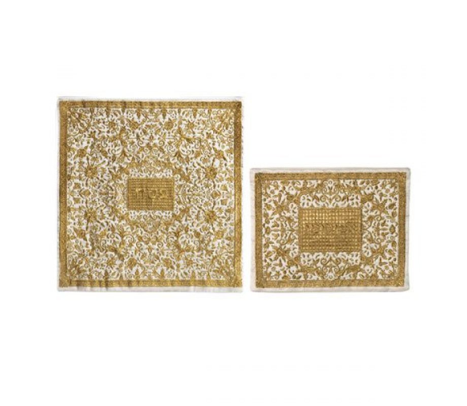 Yair Emanuel Embroidered Silk Floral Matzah & Afikoman Cover, Sold Separately - Gold