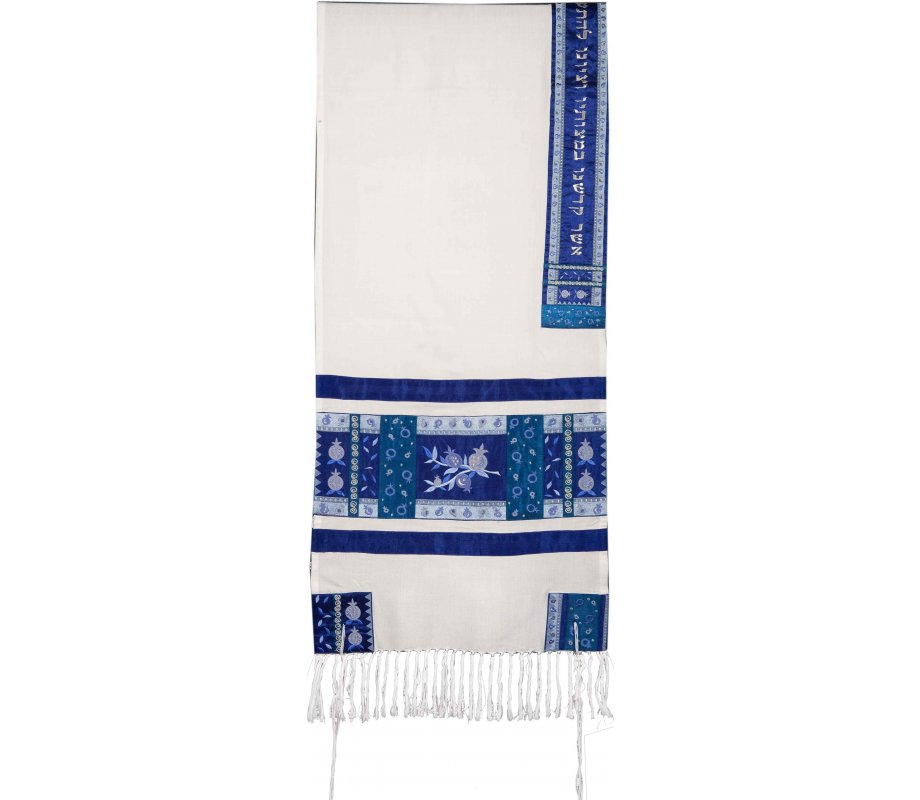 Yair Emanuel Embroidered Silk Tallit Set, Pomegranate Design - Blue