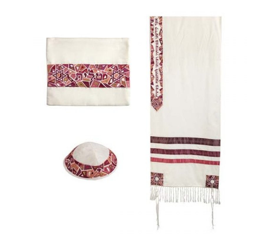 Yair Emanuel Embroidered Star of David Mosaic Tallit Set - Maroon