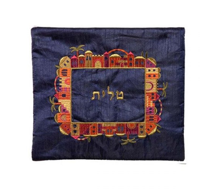 Yair Emanuel Embroidered Tallit & Tefillin Bag - Jerusalem Frame on Blue (Sold Separately)