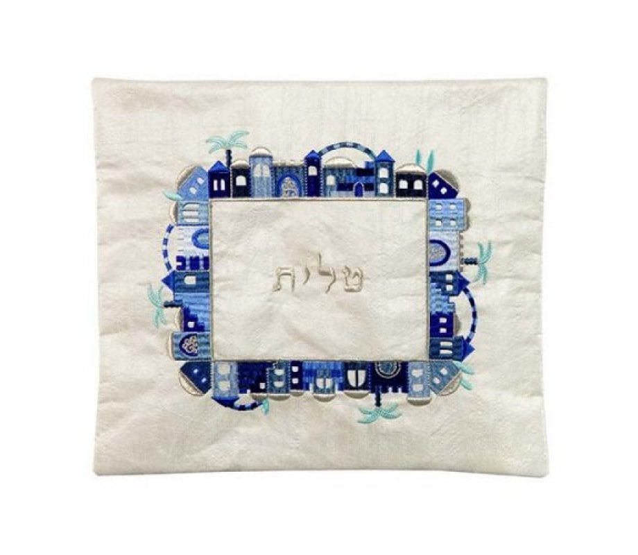 Yair Emanuel Embroidered Tallit & Tefillin Bag - Jerusalem Frame on Off White